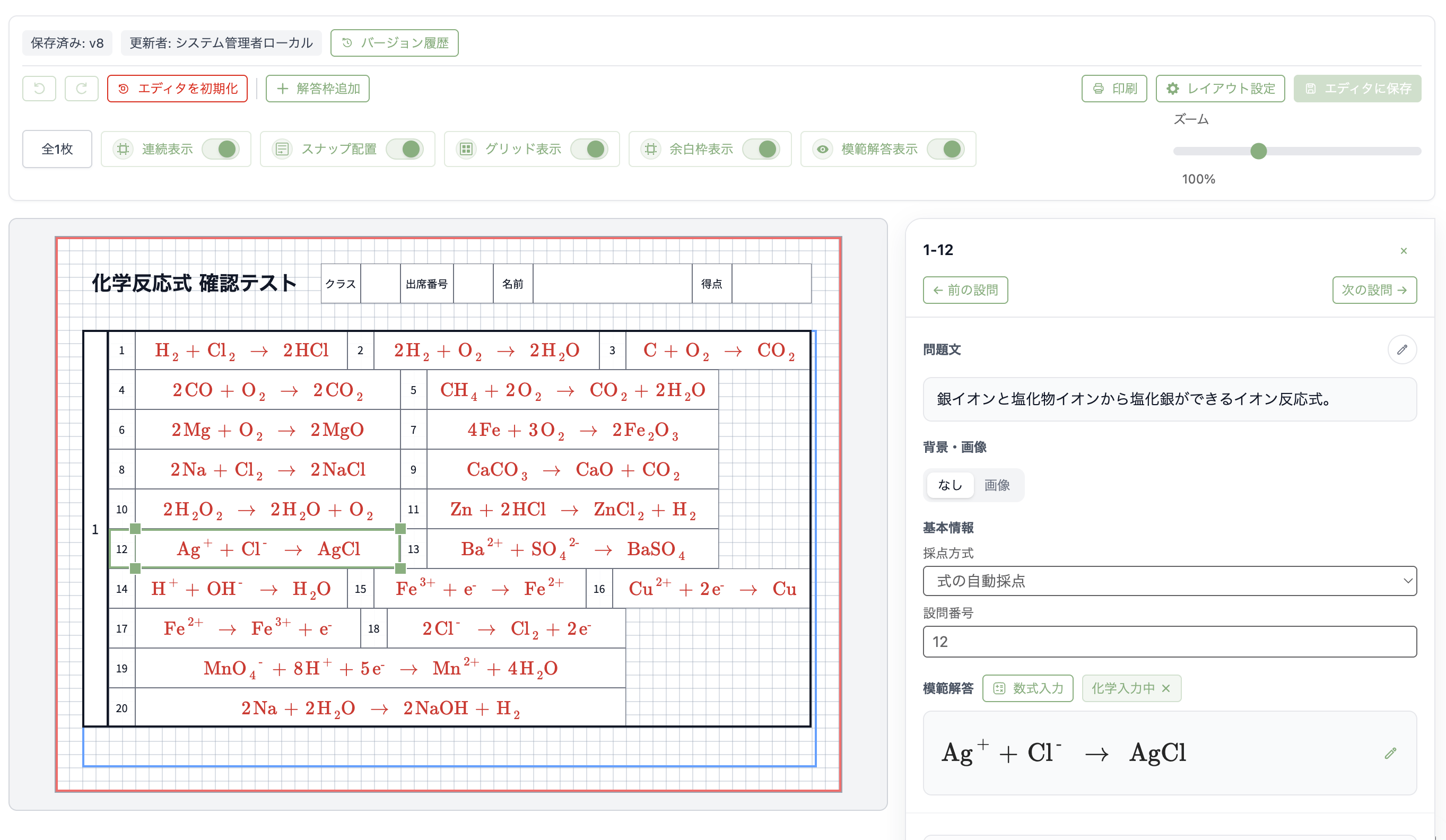 解答用紙エディタでイオン反応式の模範解答を設定し、解答用紙に表示している画面